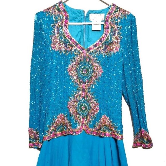 Adrianne Papell Turquoise Silk Pink & Gold Lavishly Beaded VTG 90s Evening Dress - Picture 2 of 12